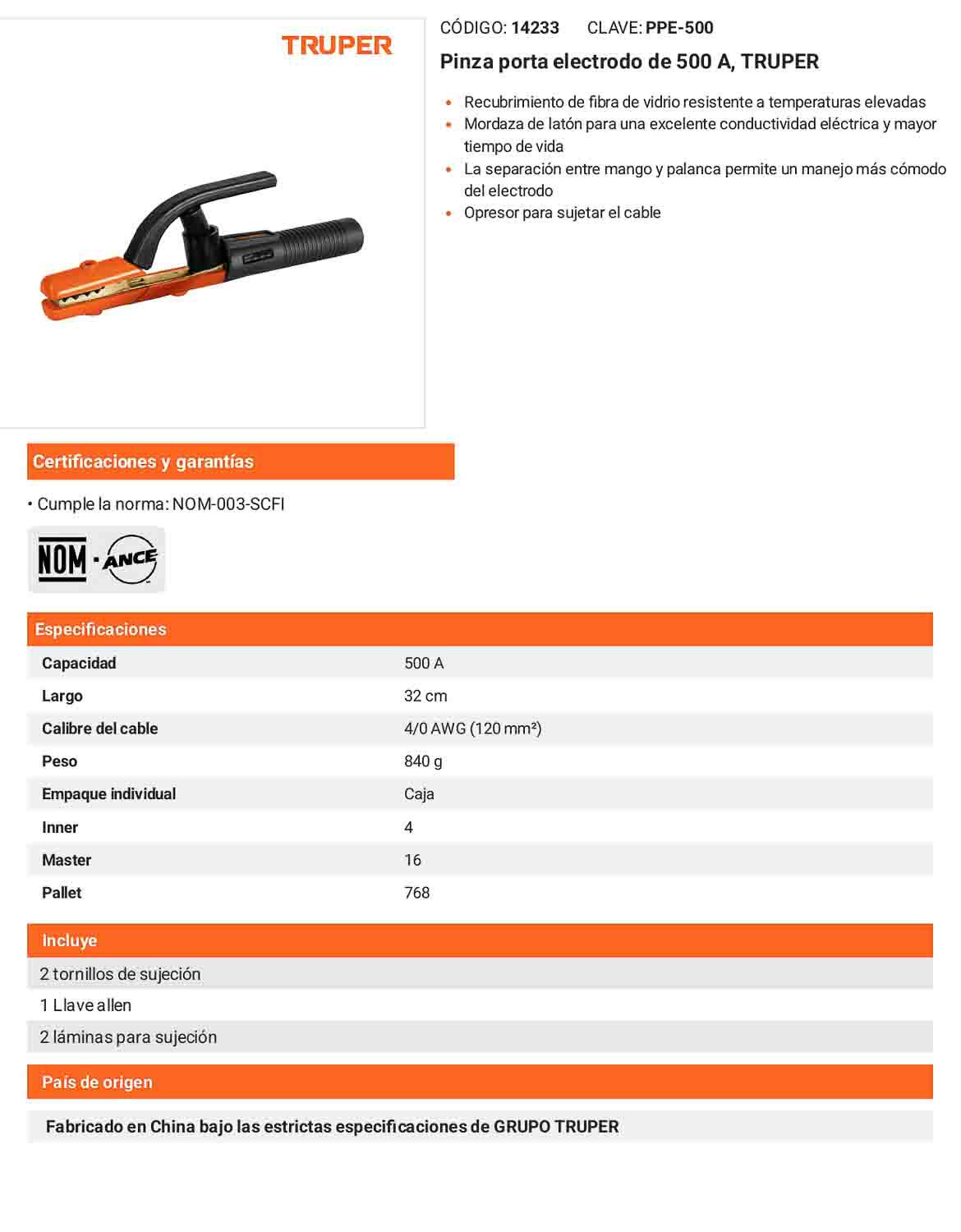 Pinza porta electrodo de 500 A Recubrimiento