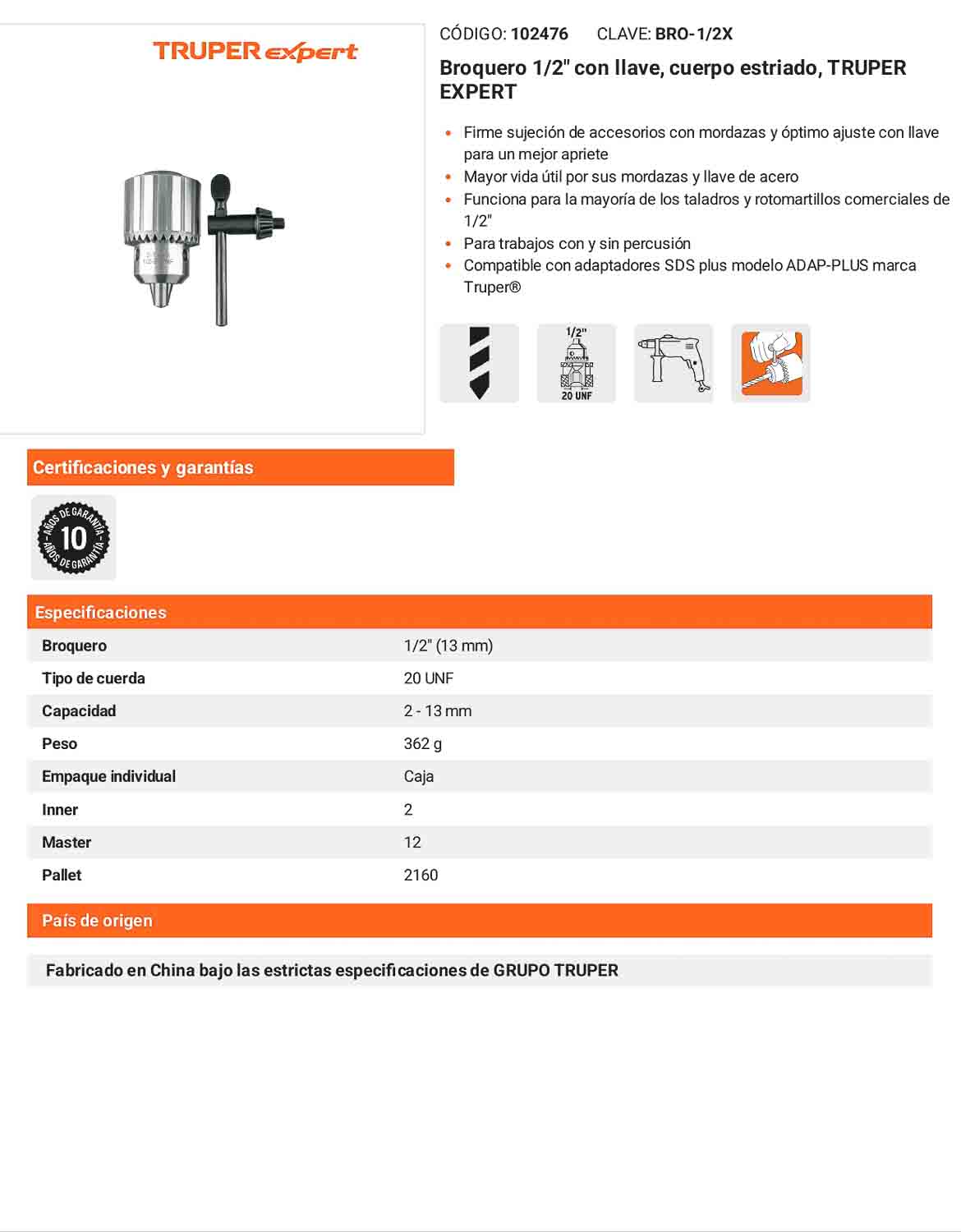 Broquero 1/2" con llave cuerpo estriado TRUPER EXPERT