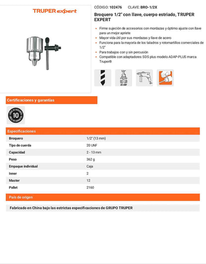 Broquero 1/2" con llave cuerpo estriado TRUPER EXPERT