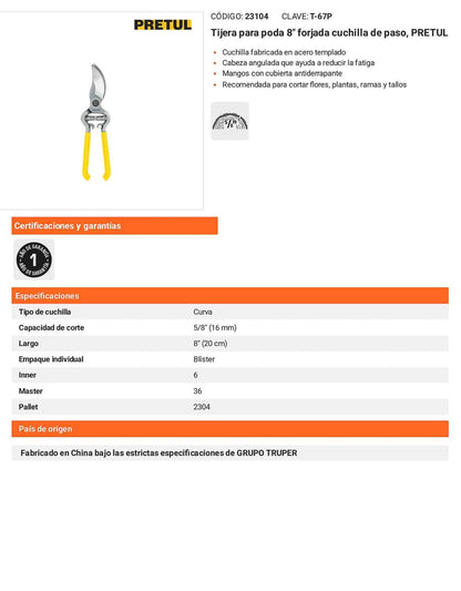 Tijera para poda de 8 pulgadas con cuchilla curva de acero templado
