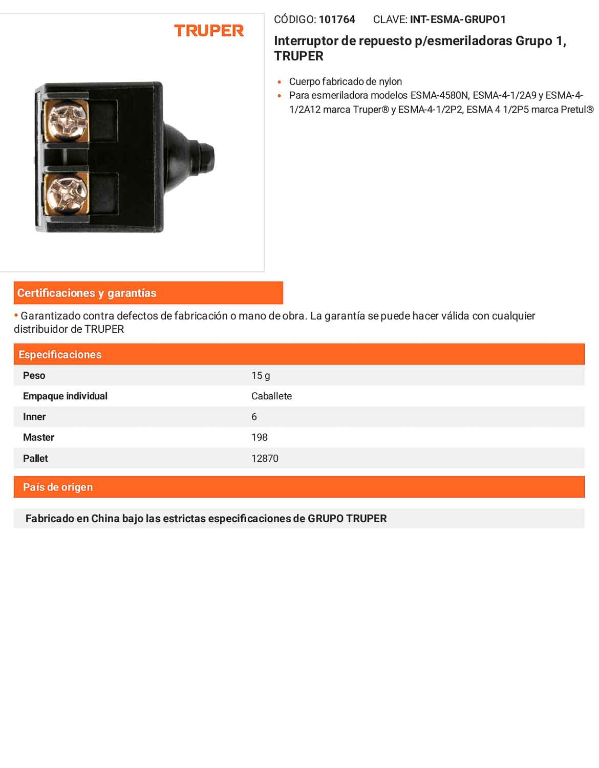 Interruptor de repuesto para esmeriladoras compatible con modelos ESMA-4580N ESMA-4-1/2A9 ESMA-4-1/2A12 ESMA-4-1/2P2 y ESMA-4-1/2P5
