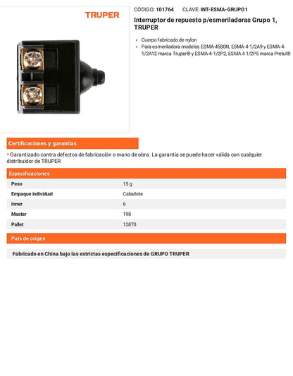 Interruptor de repuesto para esmeriladoras compatible con modelos ESMA-4580N ESMA-4-1/2A9 ESMA-4-1/2A12 ESMA-4-1/2P2 y ESMA-4-1/2P5