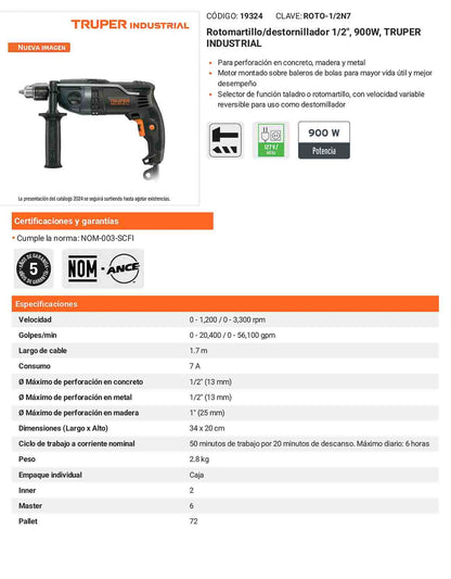 Rotomartillo/destornillador 1/2" 900 W industrial