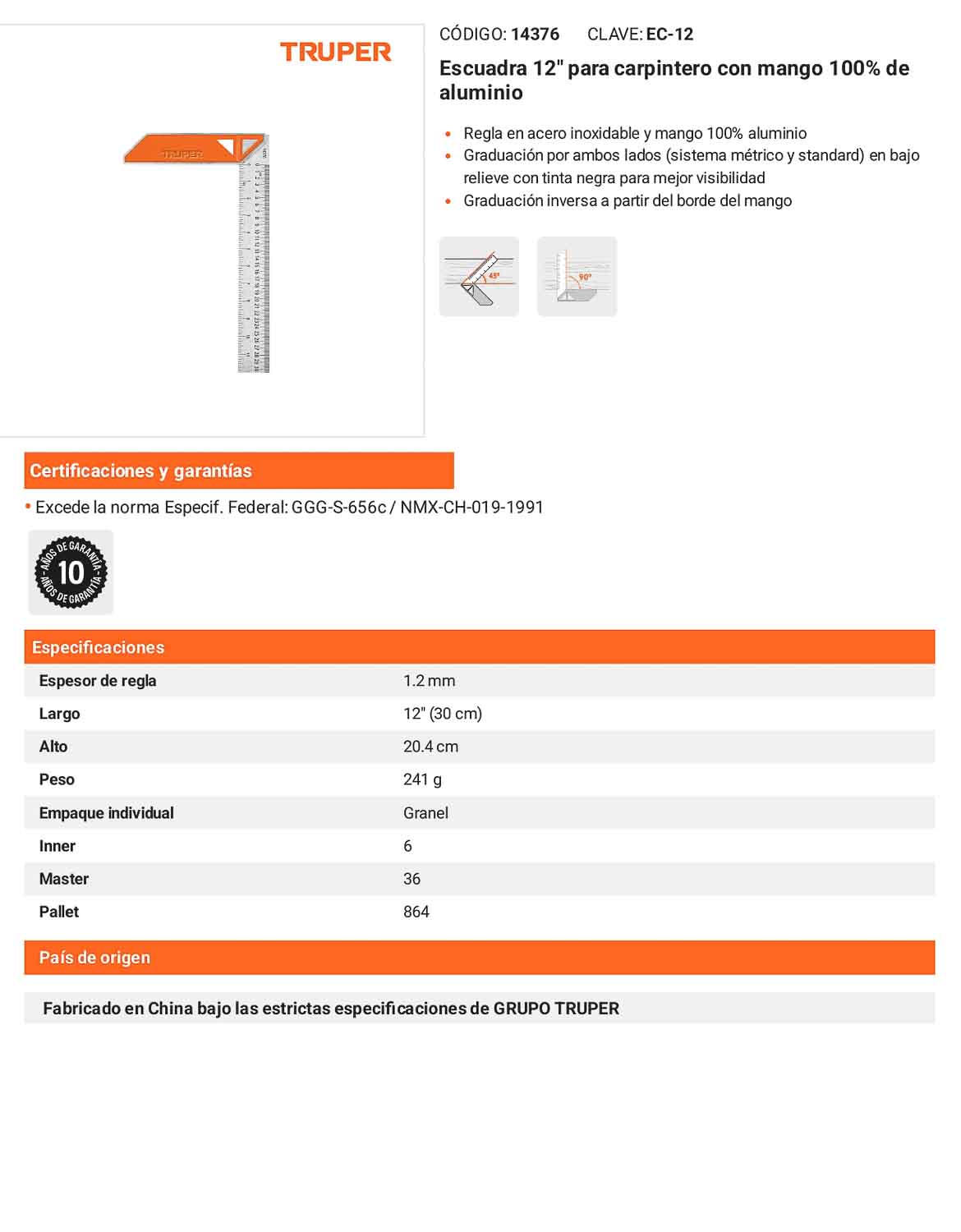Escuadra de aluminio para carpintero 12