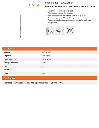 Broca plana de manita 5/16" para madera