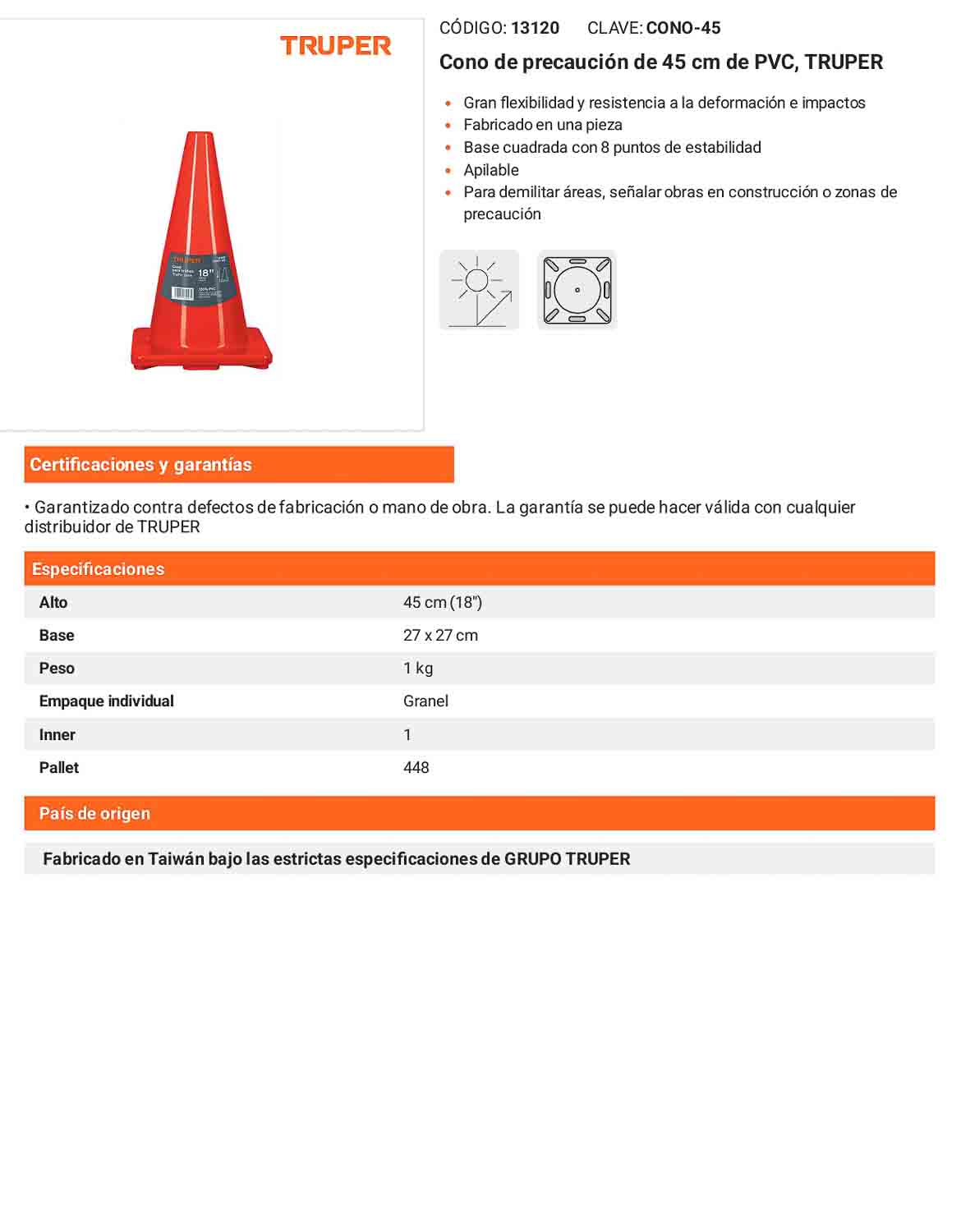 Cono de precaución de 45 cm