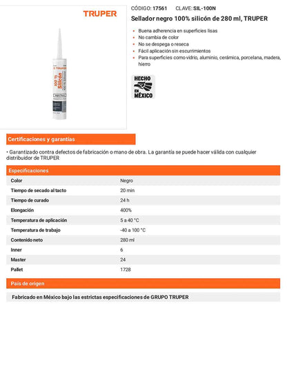 Sellador negro 100 silicón de 280 ml