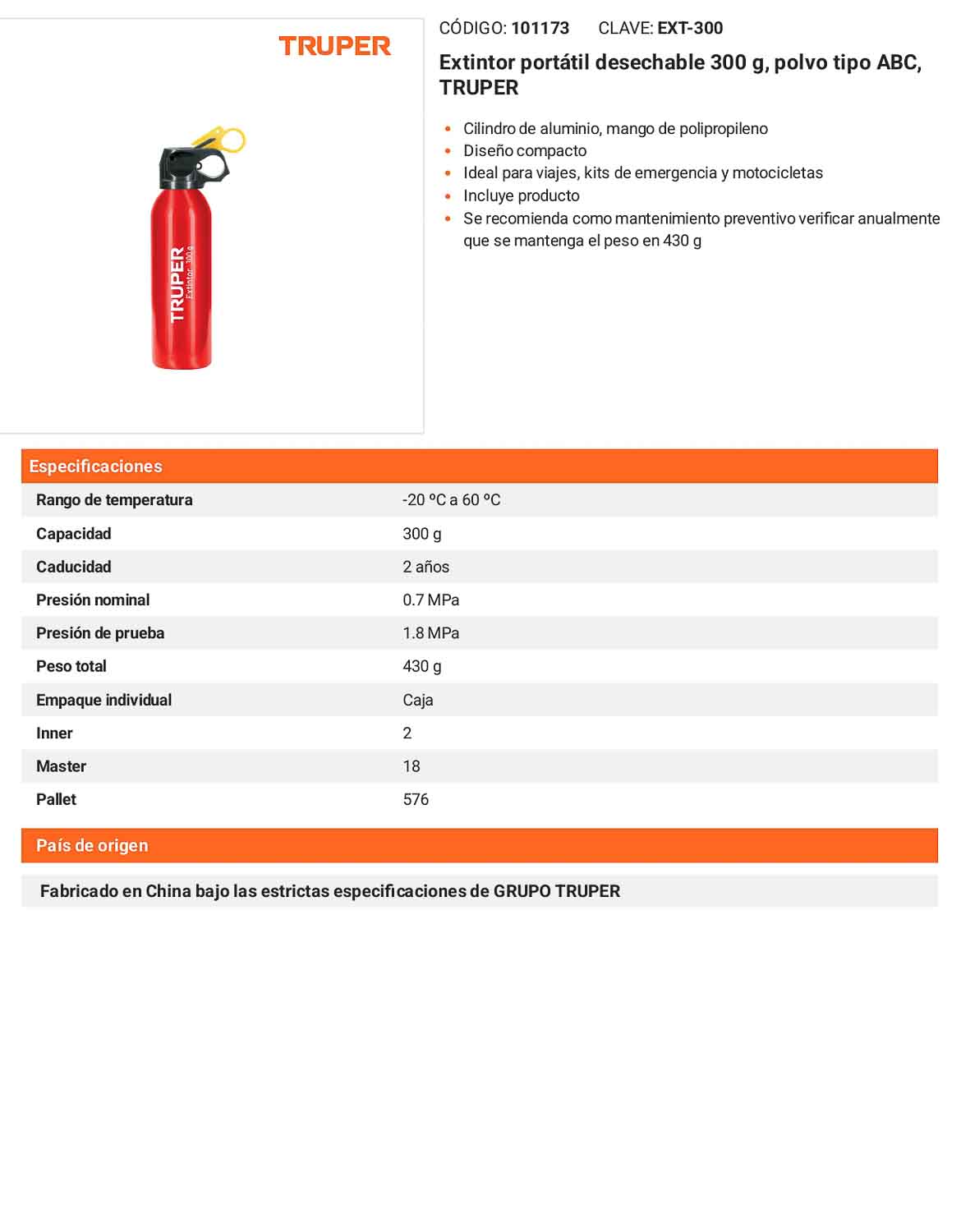 Extintor portátil desechable 300 g polvo