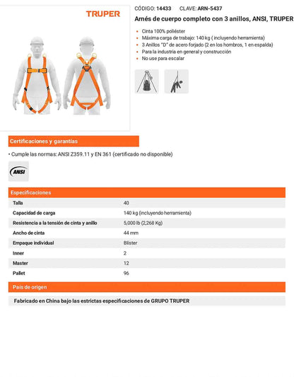 Arnés de cuerpo completo con 3 anillos