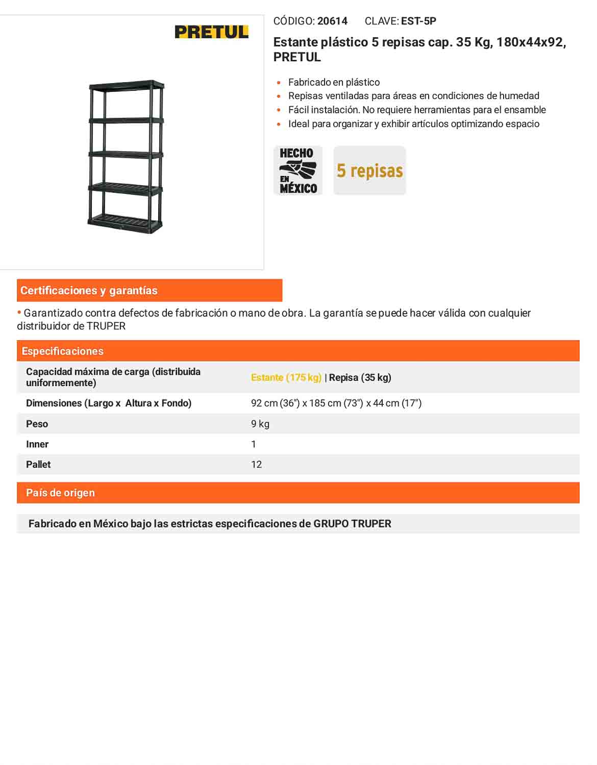 Estante plástico con 5 repisas capacidad 35 kg