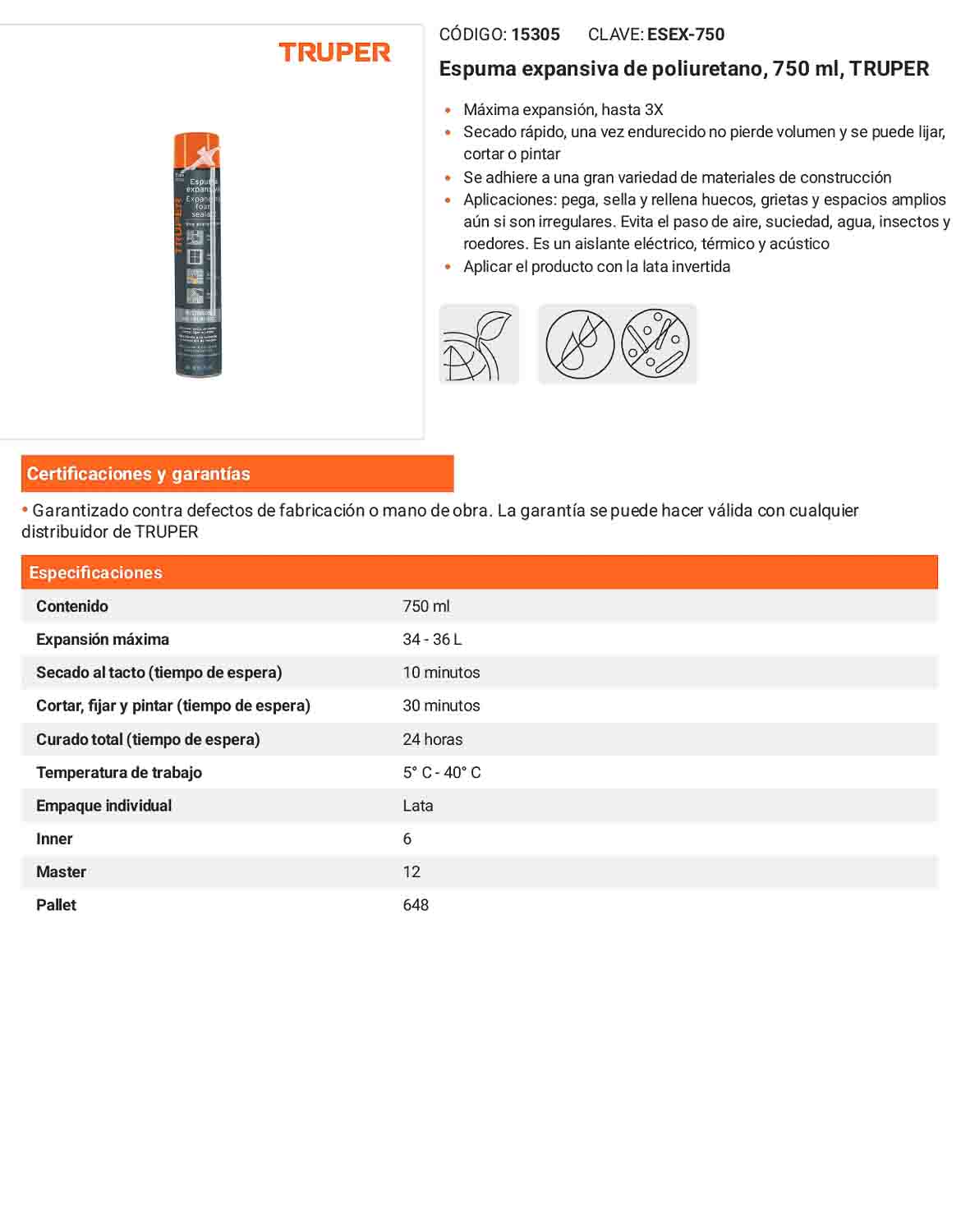 Espuma expansiva de poliuretano 750 ml