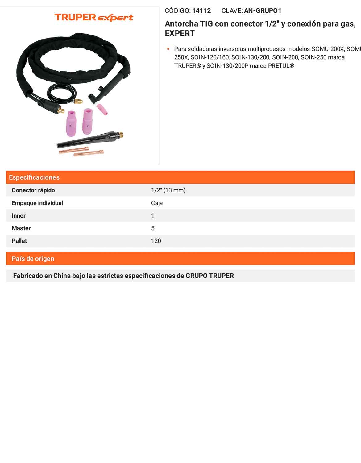 Antorcha TIG con conector 1/2