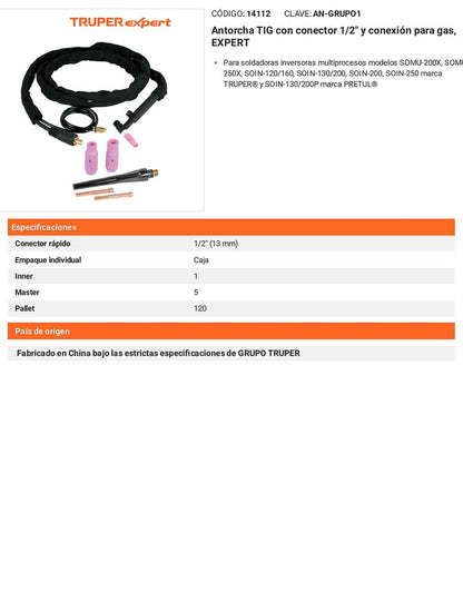 Antorcha TIG con conector 1/2