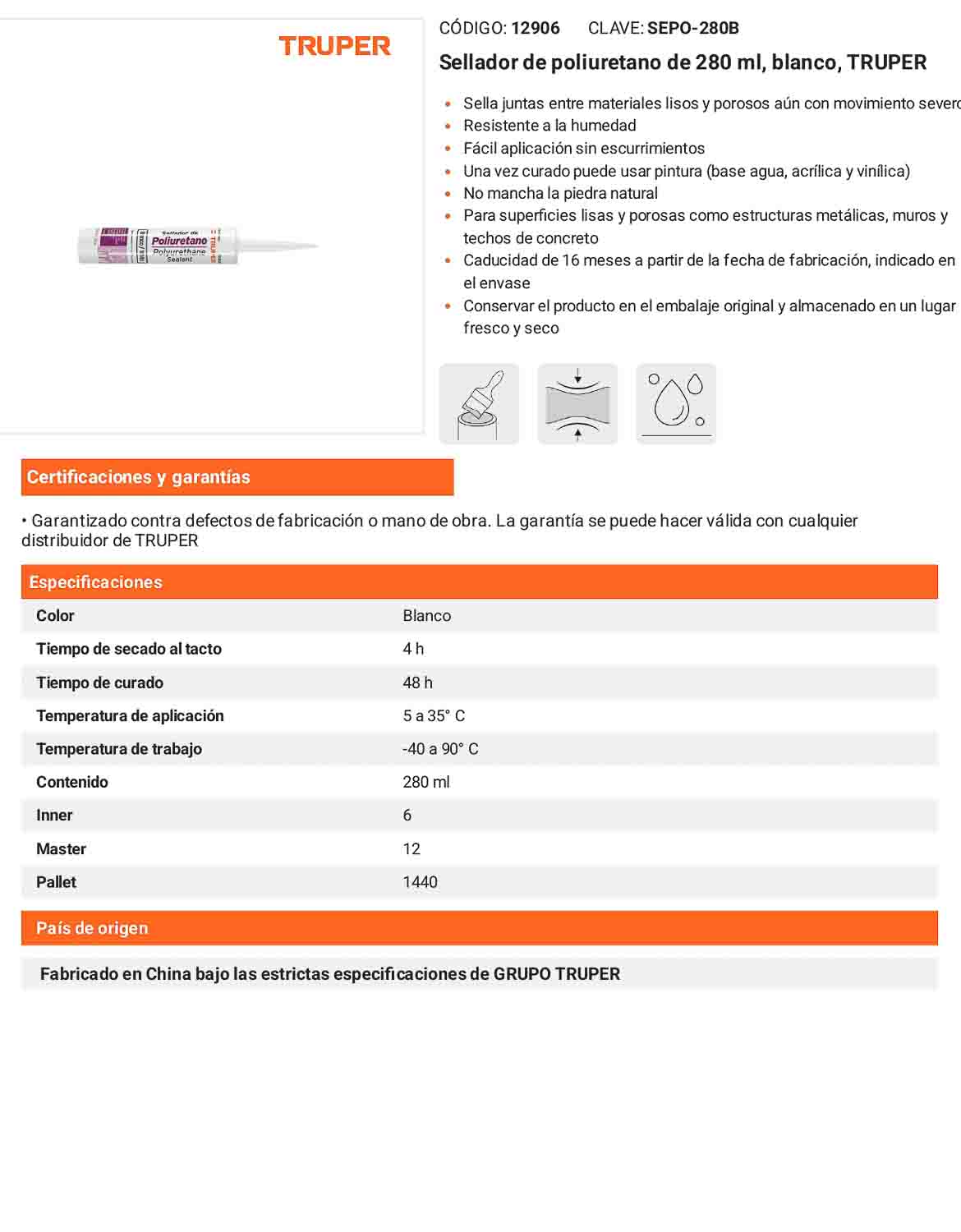 Sellador de poliuretano de 280 ml blanco