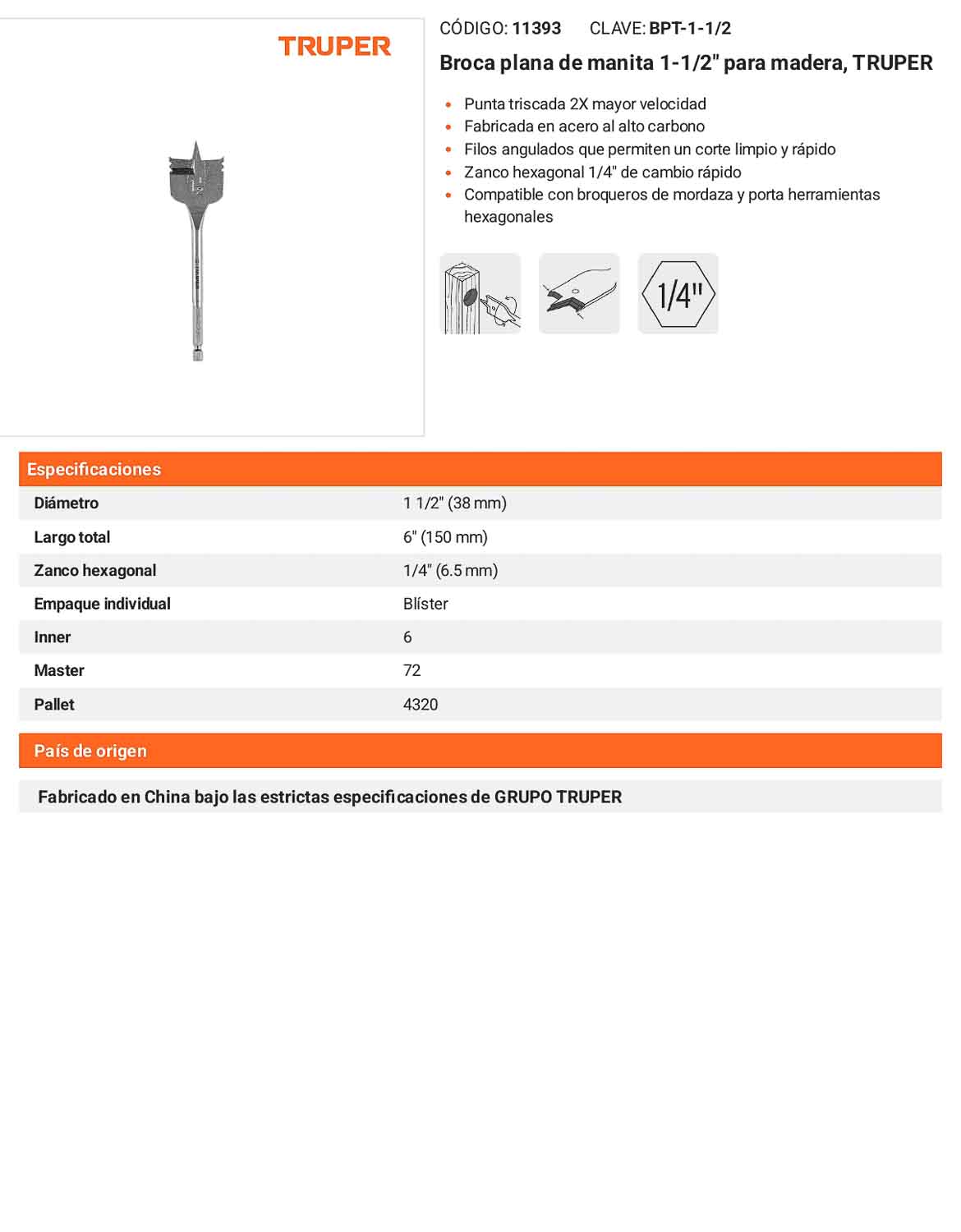 Broca plana de manita 1-1/2" para madera
