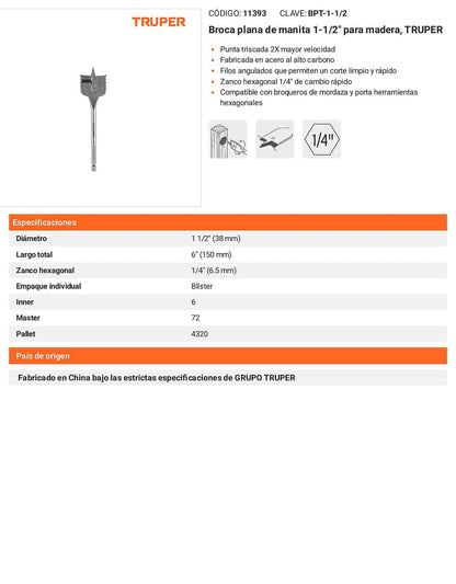 Broca plana de manita 1-1/2" para madera