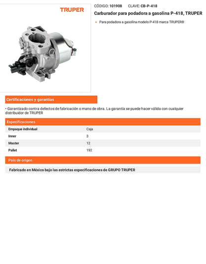 Carburador para podadora a gasolina P-418 para podadora