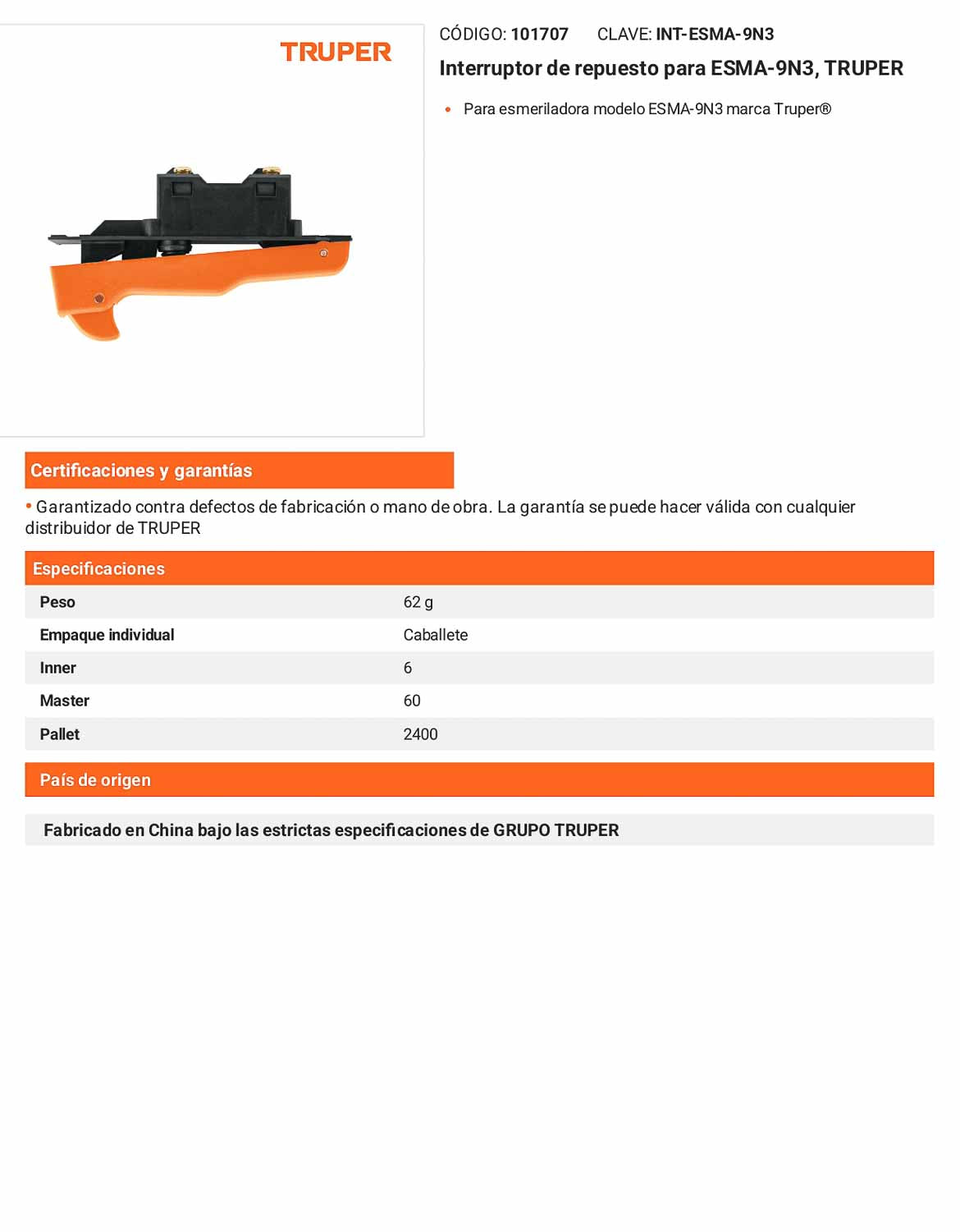 Interruptor de repuesto para esmeriladoras compatible con modelo ESMA-9N3
