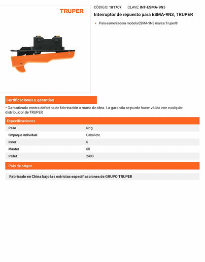 Interruptor de repuesto para esmeriladoras compatible con modelo ESMA-9N3