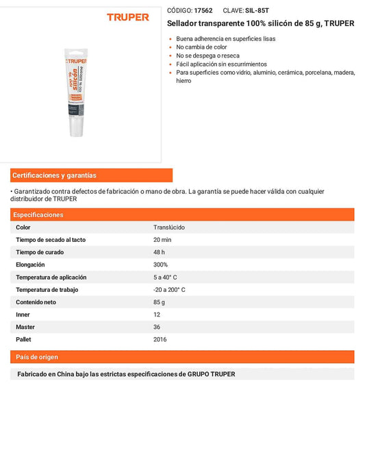 Sellador transparente 100 silicón de 85 g