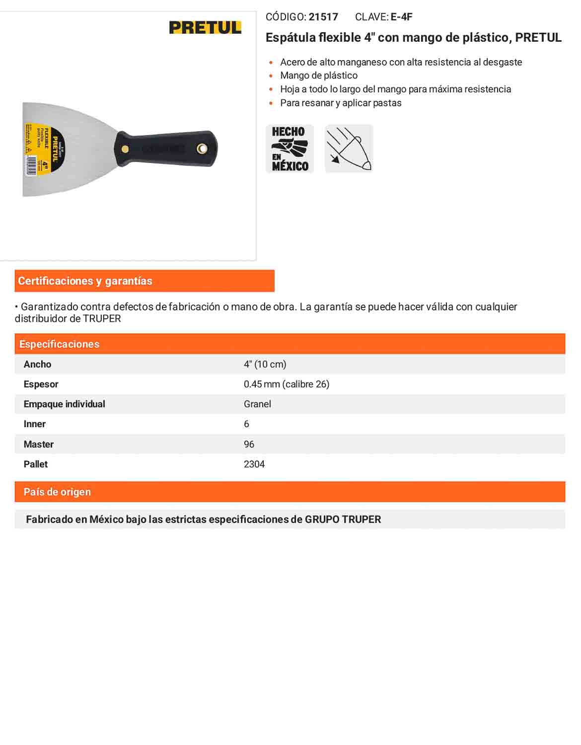 Espátula flexible 4 con mango de plástico