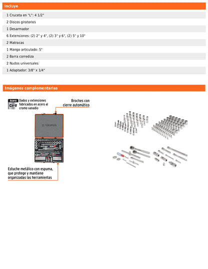 Juego de 135 herramientas mecánicas 1/4 3/8 y 1/2 en estándar y milimétrico
