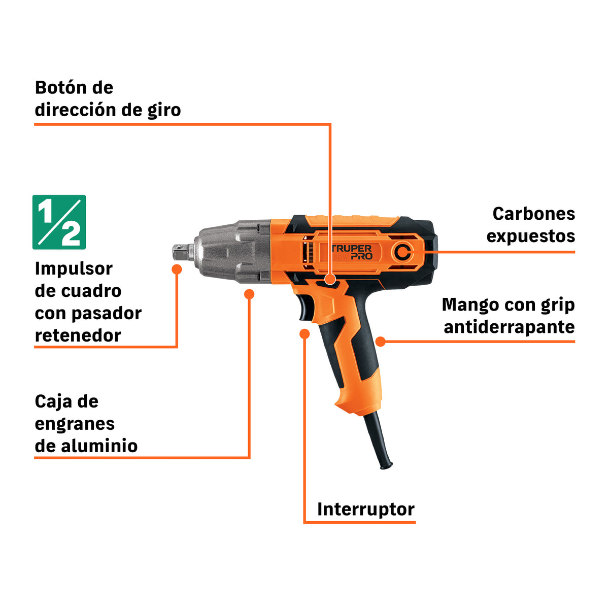 Llave de impacto 1/2" 550W, 258 lb/ft, TRUPER PRO · vista 5