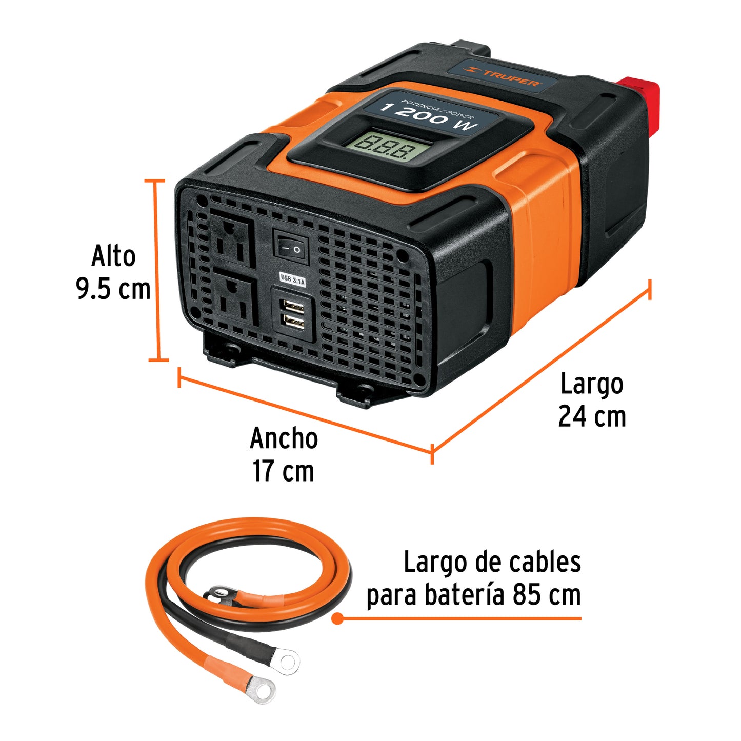 Inversor de corriente de 1200 W con puertos USB