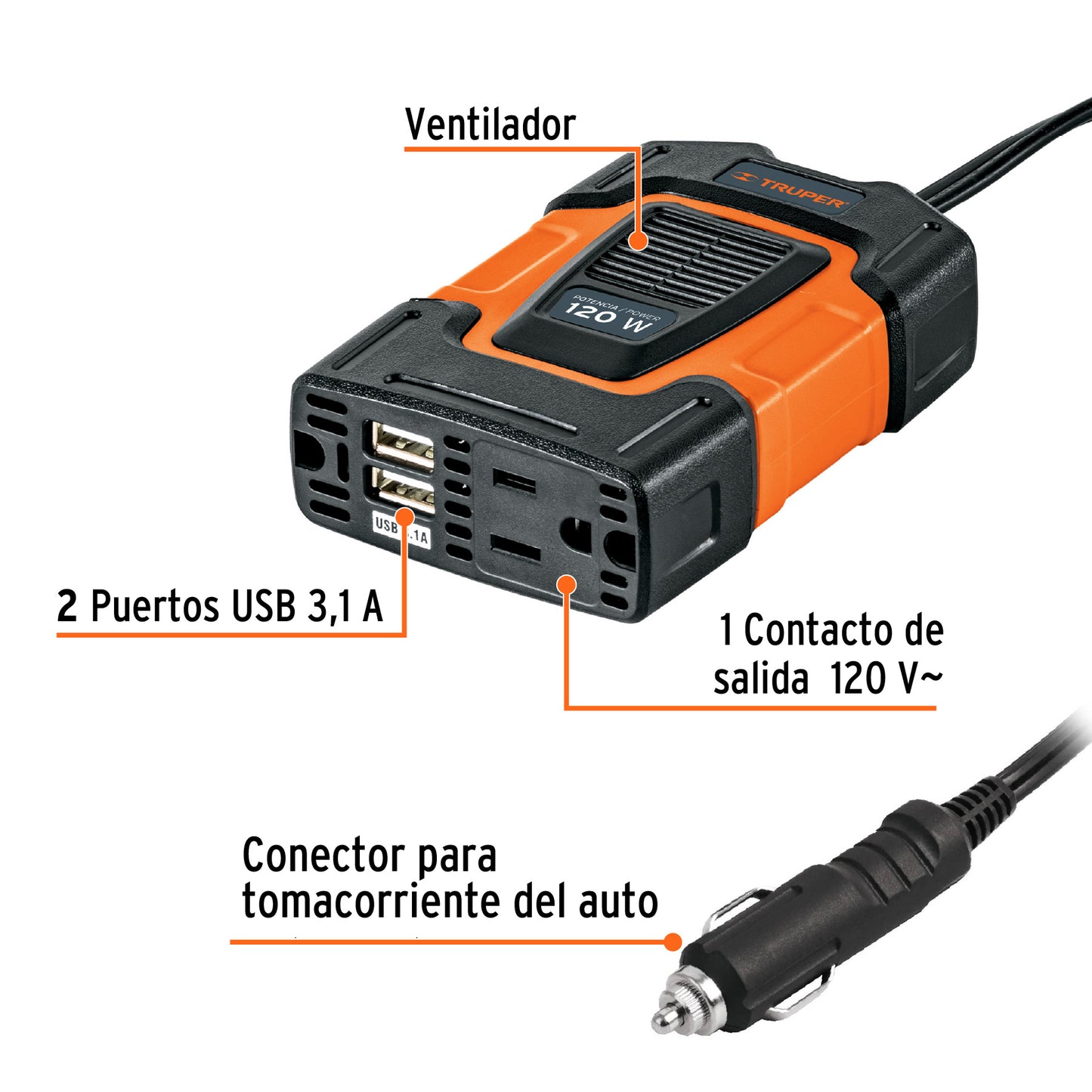 Inversor de corriente de 120 W con puertos USB