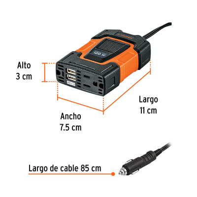 Inversor de corriente de 120 W con puertos USB