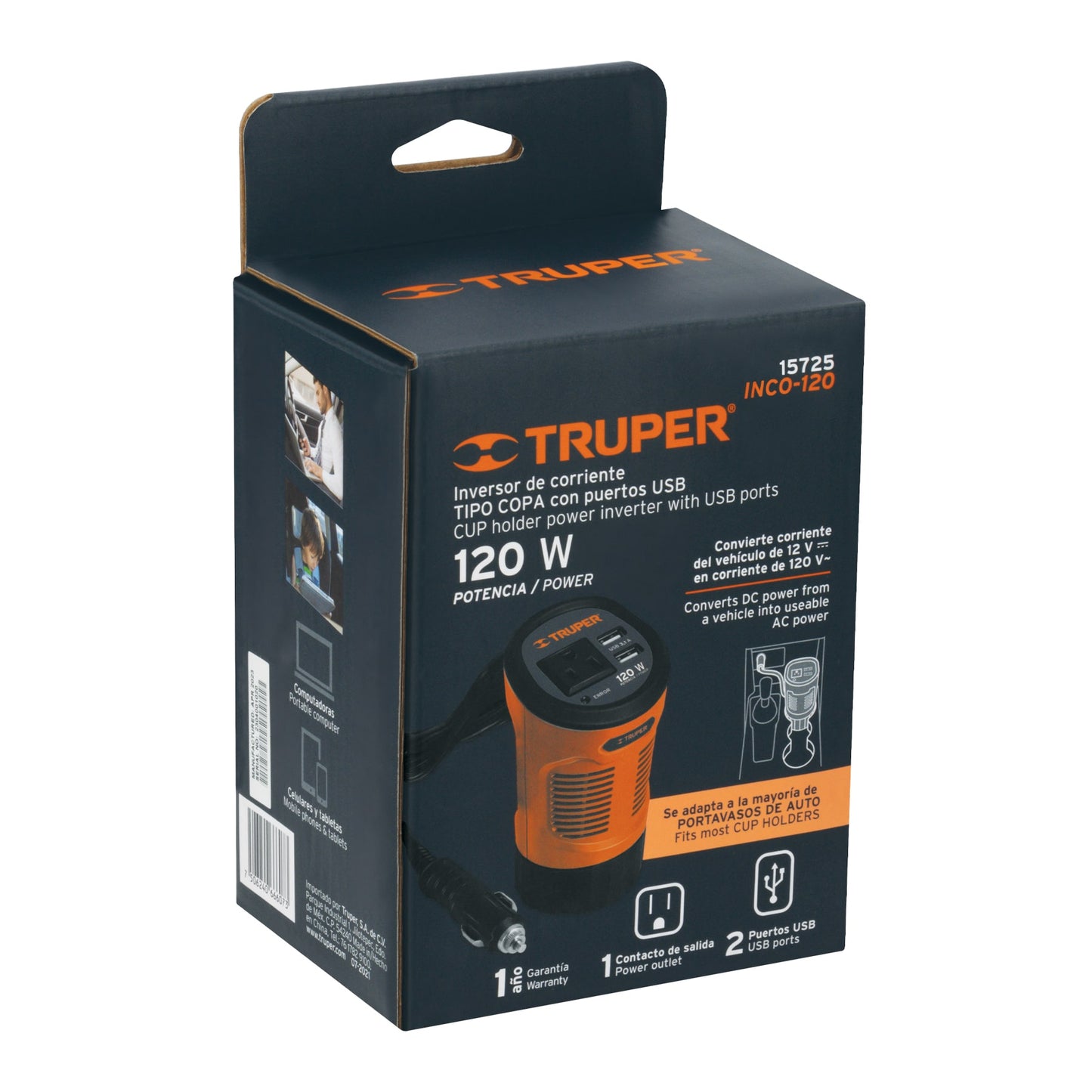 Inversor de corriente 120 W tipo vaso, 2 puertos USB