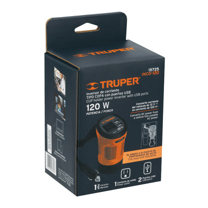 Inversor de corriente 120 W tipo vaso, 2 puertos USB