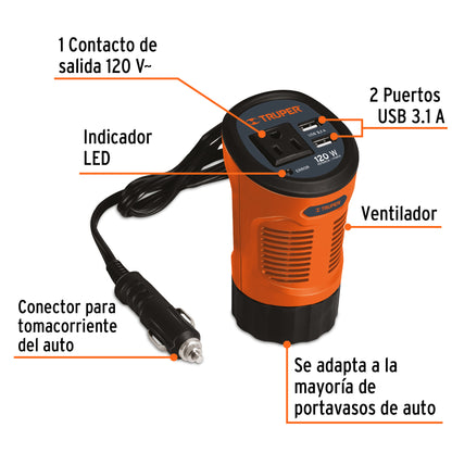 Inversor de corriente 120 W tipo vaso, 2 puertos USB