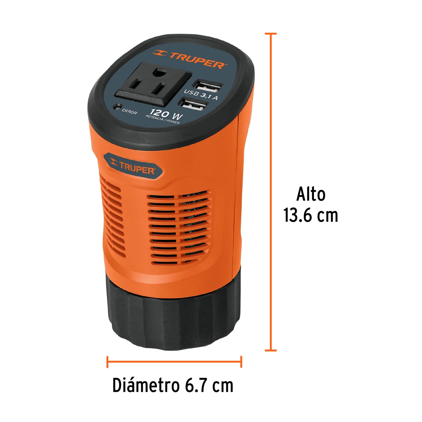 Inversor de corriente 120 W tipo vaso, 2 puertos USB