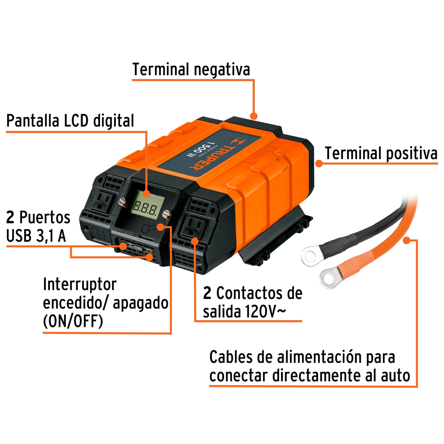 Inversor de corriente de 1500 W con puertos USB