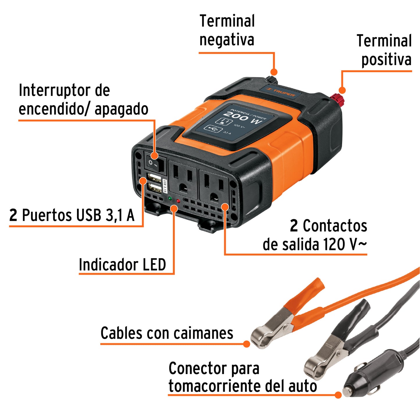 Inversor de corriente de 200 W con puertos USB