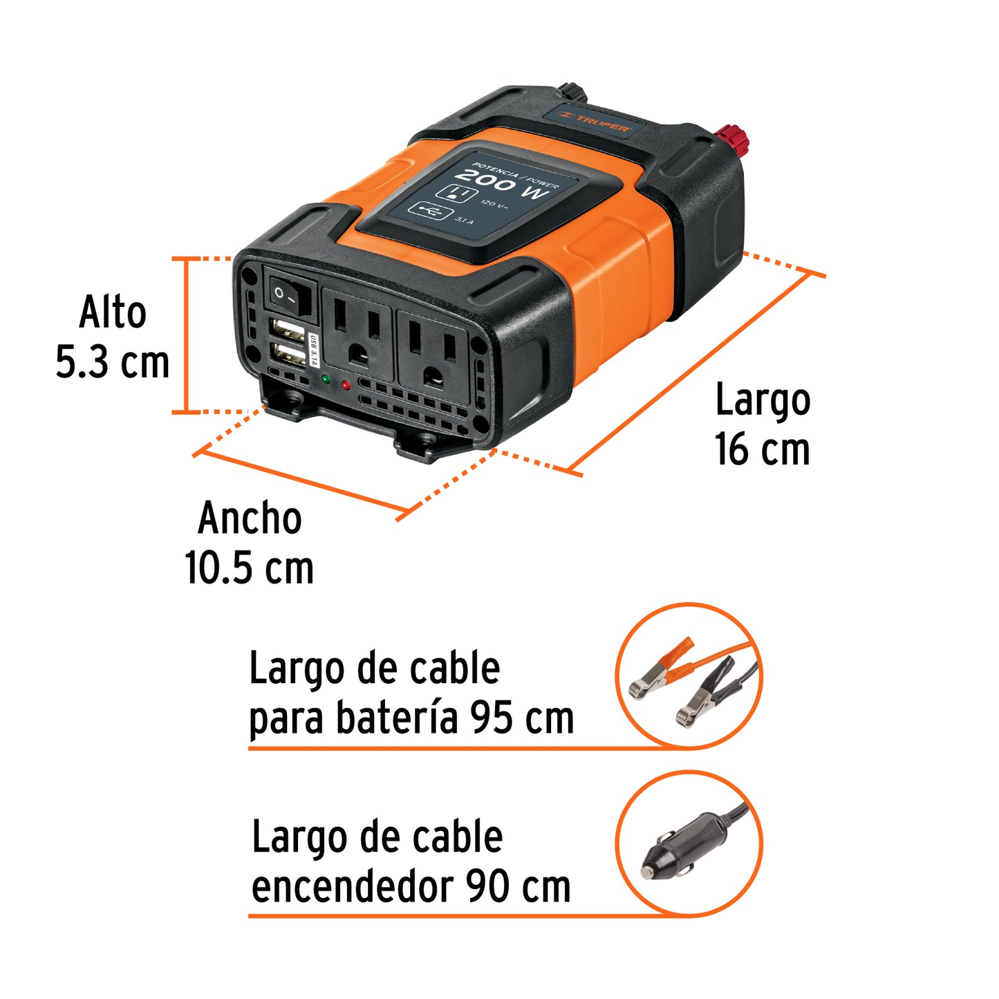 Inversor de corriente de 200 W con puertos USB
