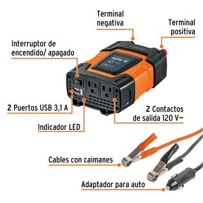 Inversor de corriente de 400 W con puertos USB