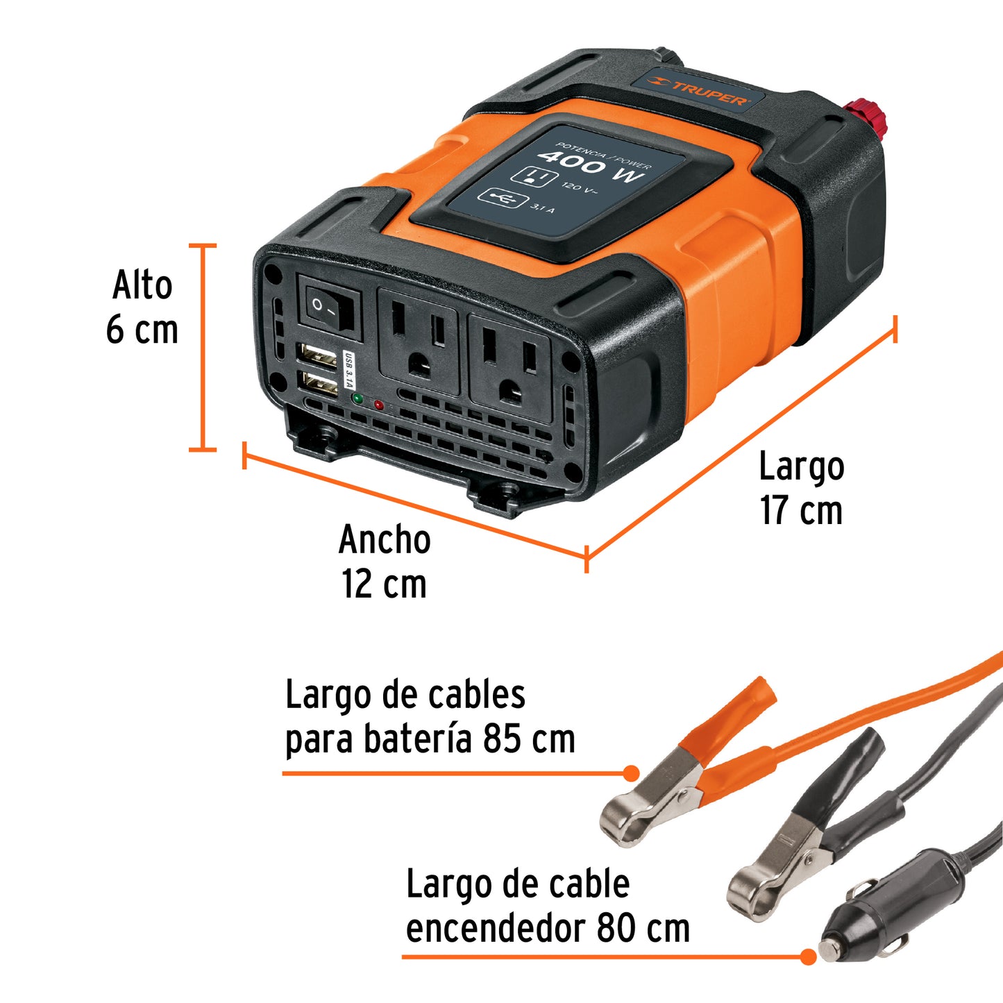 Inversor de corriente de 400 W con puertos USB