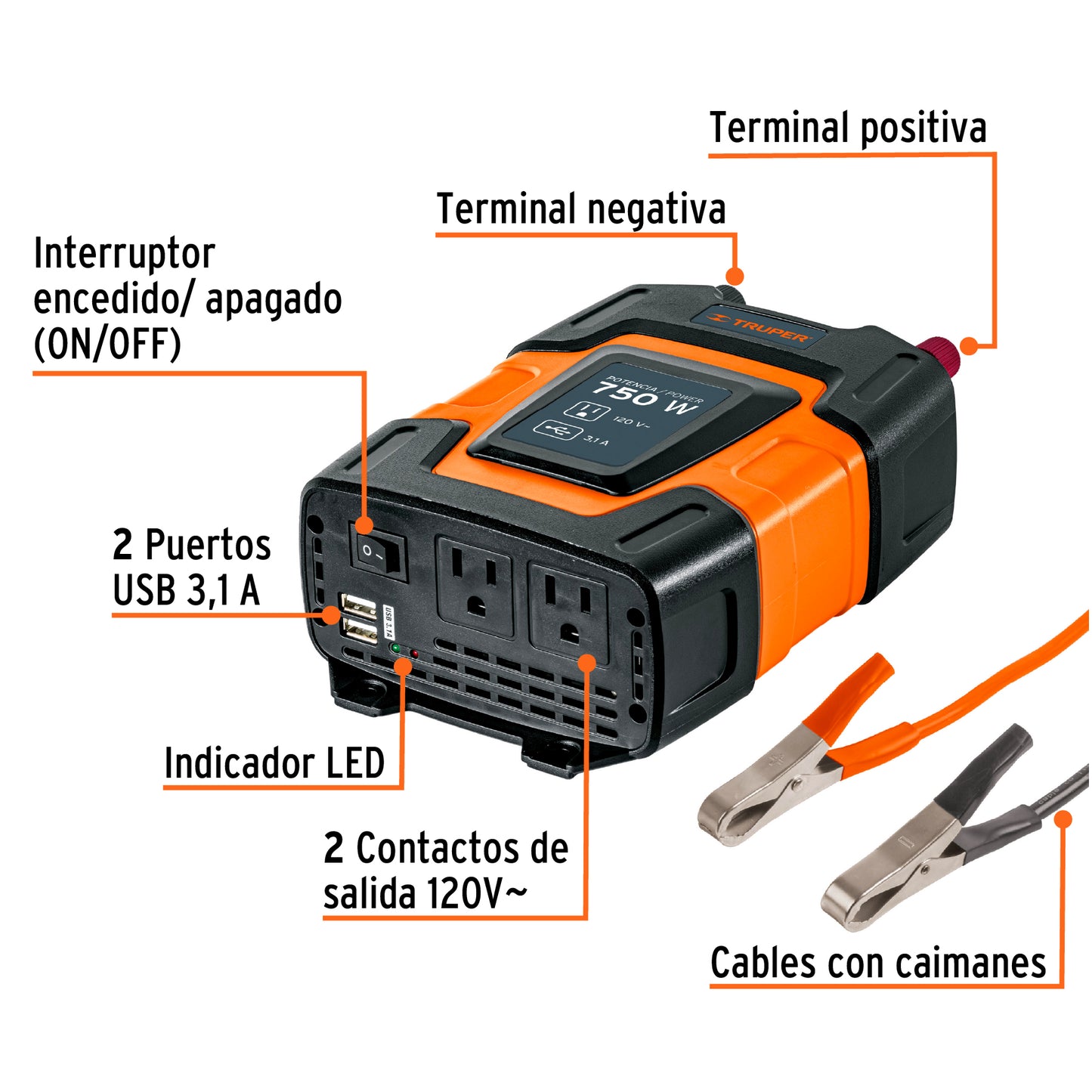 Inversor de corriente de 750 W con puertos USB