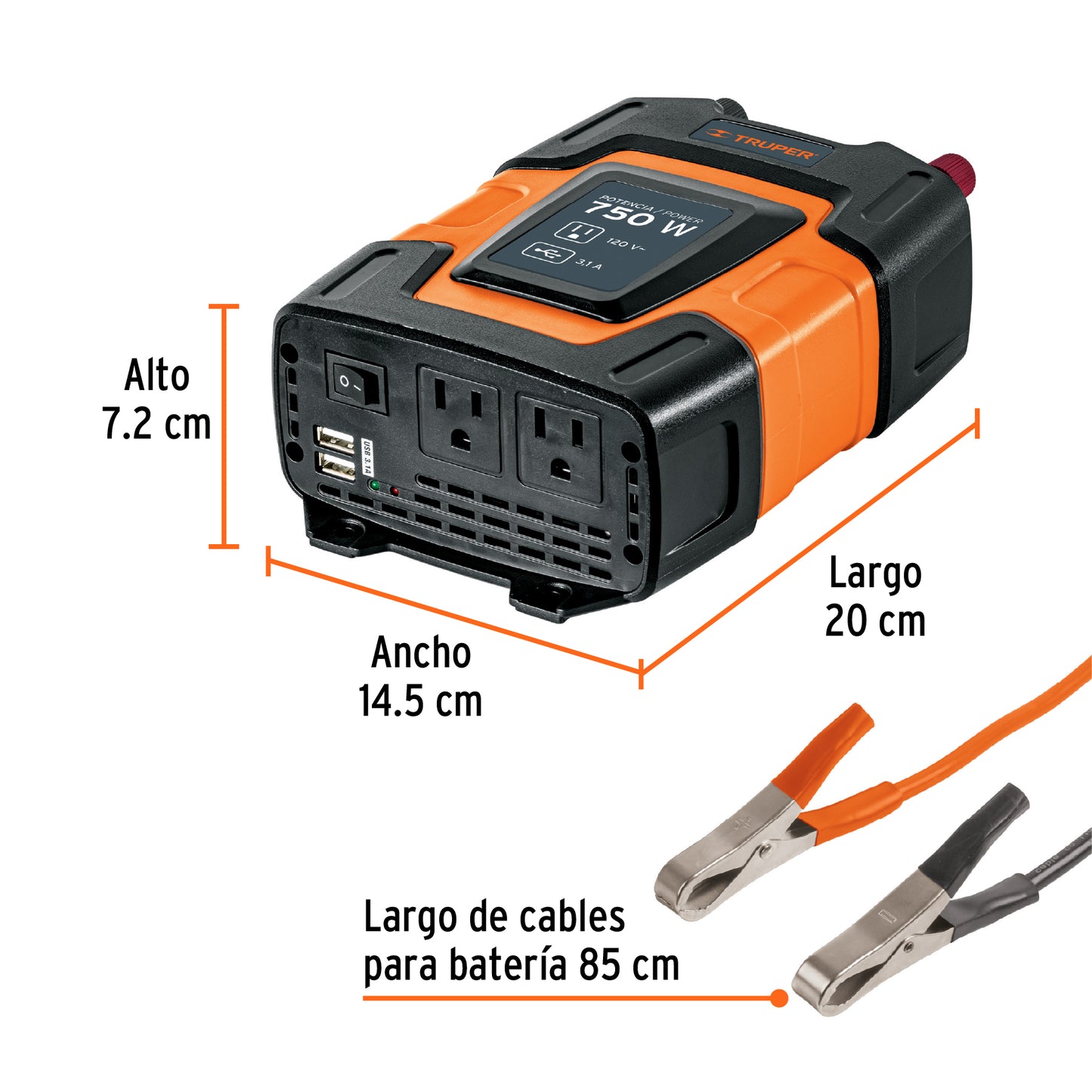 Inversor de corriente de 750 W con puertos USB