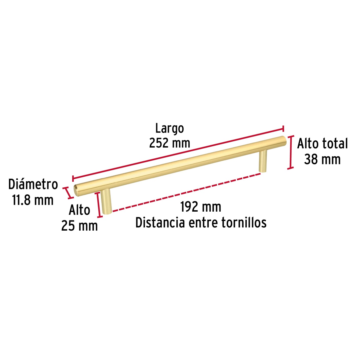 Jaladera 192mm línea Cilindro latón brillante
