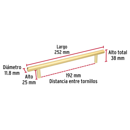 Jaladera 192mm línea Cilindro latón brillante
