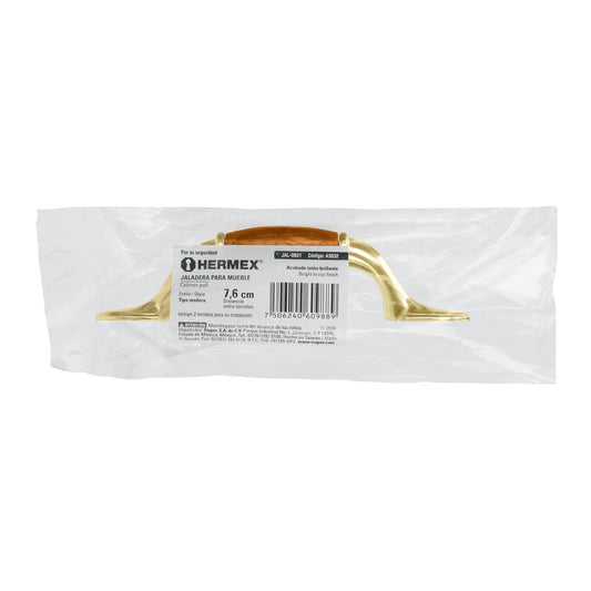 Jaladera 76mm latón brillante inserto madera