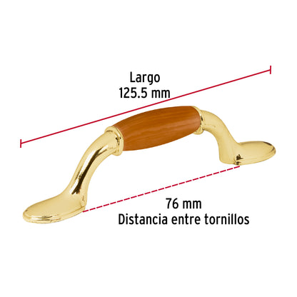 Jaladera 76mm latón brillante inserto madera