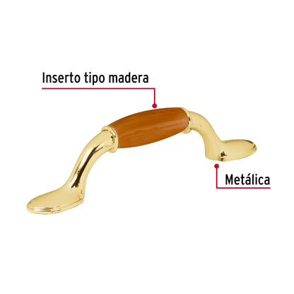 Jaladera 76mm latón brillante inserto madera