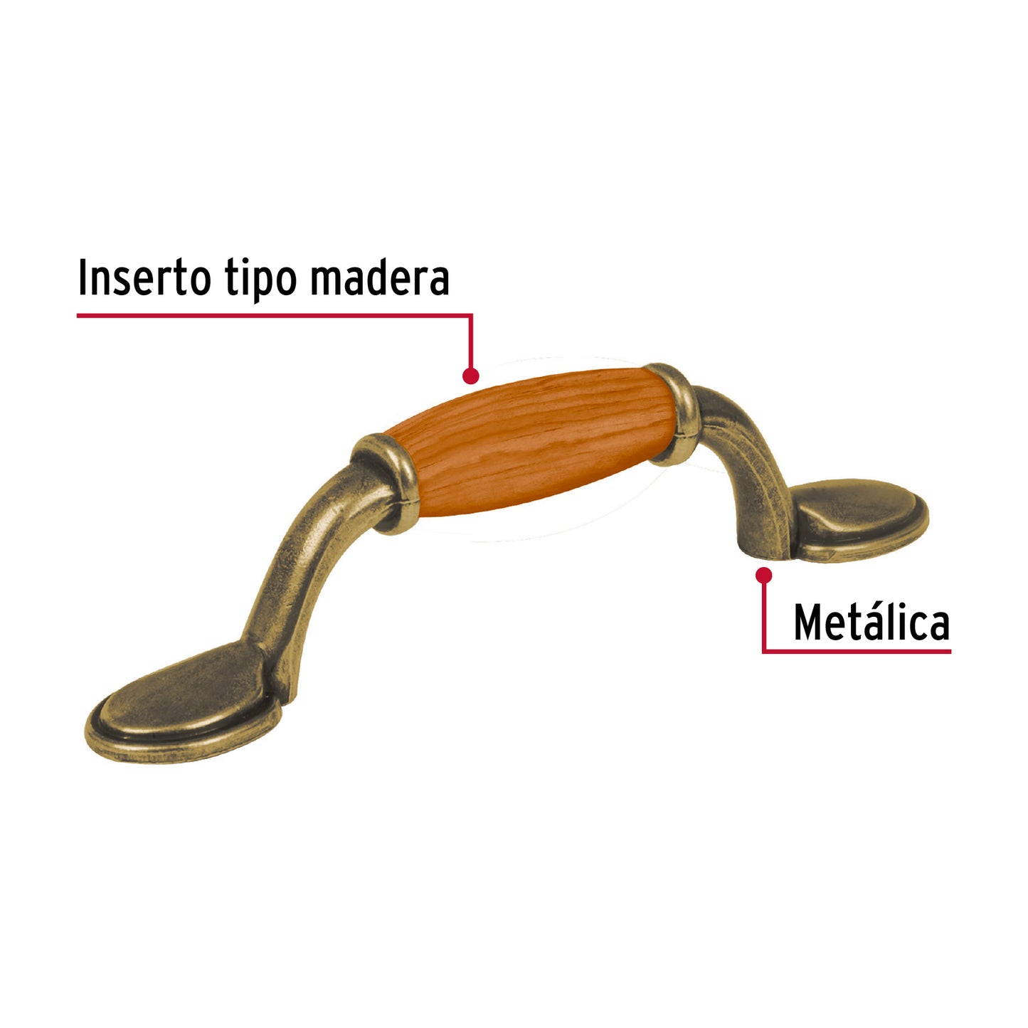 Jaladera 76mm latón antiguo inserto madera