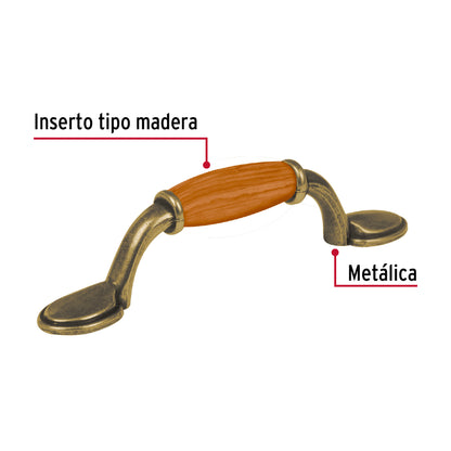 Jaladera 76mm latón antiguo inserto madera