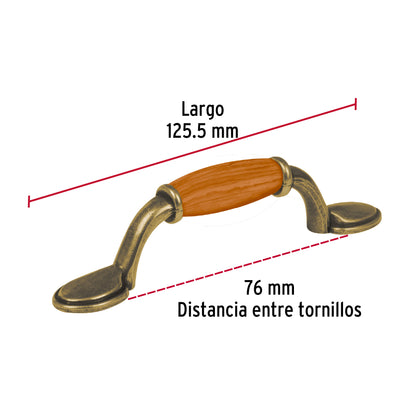 Jaladera 76mm latón antiguo inserto madera