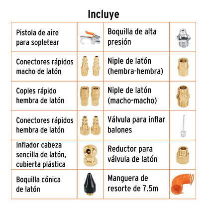 Juego 15 accesorios neumáticos con manguera